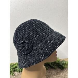 August Hat Company Chenille Black Silver Knit Cloche Bucket Flower